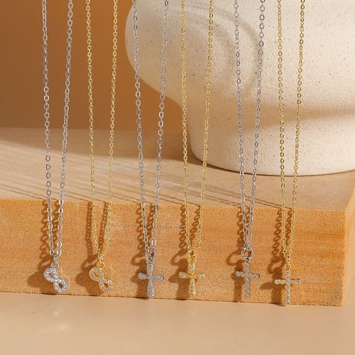 Elegante estilo simples cruz infinito cobre chapeamento inlay zircon 14k banhado a ouro branco banhado a ouro pingente colar