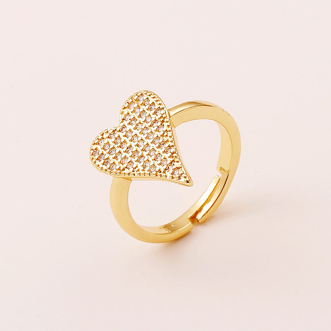 Joias femininas em forma de coração diamante aberto anel de cobre ajustável