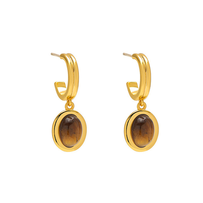 Elegante ovale Ohrringe mit Kupferbeschichtung, Inlay, Achat, Tigerauge, Muschel, 18 Karat vergoldet