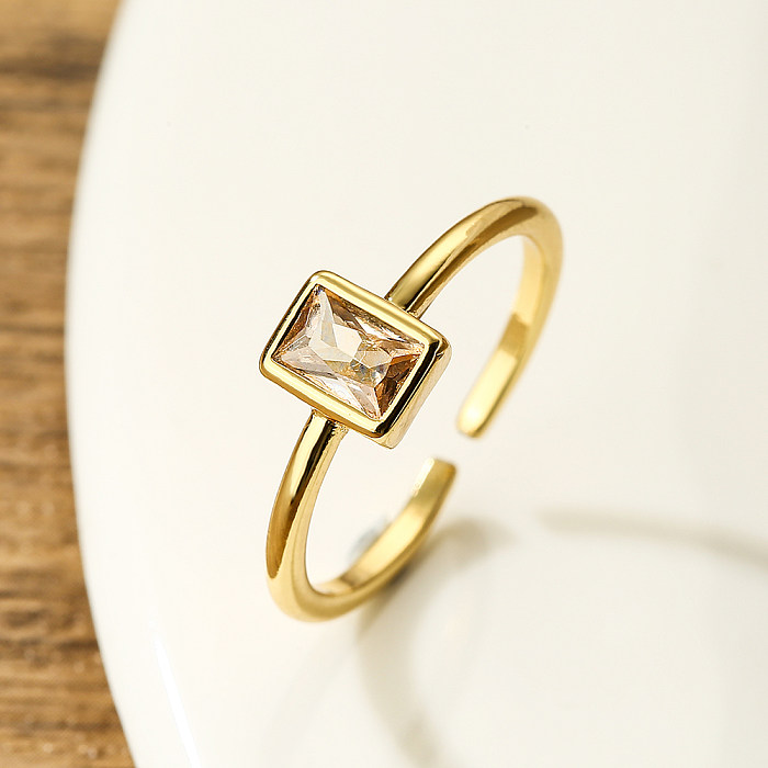 Elegant Simple Style Rectangle Copper Plating Inlay Zircon 18K Gold Plated Open Ring