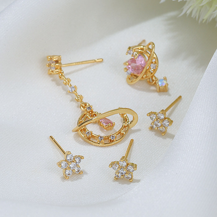 Fashion Moon Flower Copper Inlay Zircon Drop Earrings 5 Piece Set