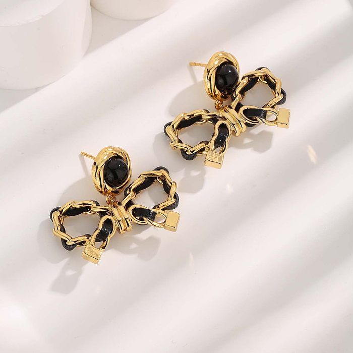 1 Pair Glam Vintage Style Luxurious Square Tassel Bow Knot Plating Inlay Titanium Steel Copper Resin Zircon Gold Plated Earrings