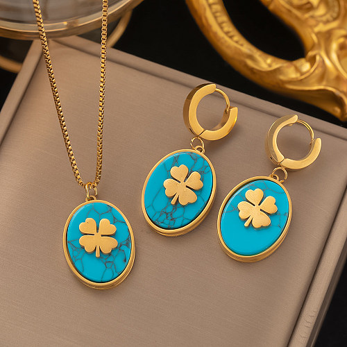 Wholesale Ethnic Style Four Leaf Clover Oval Titanium Steel Gold Plated Turquoise Earrings Necklace