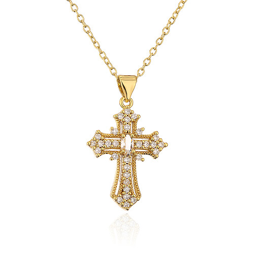 Fashion Copper 18K Gold Micro Inlaid Zircon Cross Pendant Necklace