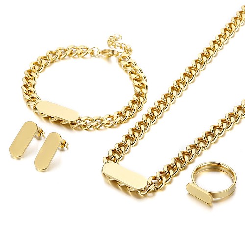 European And American New Fashion Stainless Steel Cuban Link Chain Gold Square Brand Necklace Earrings Four-Piece Set Female Accessories Wholesale