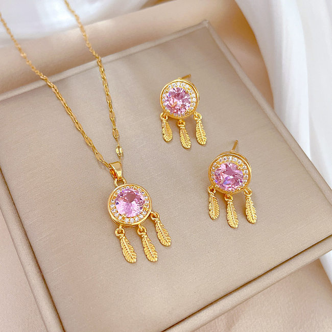 Wholesale Simple Style Commute Geometric Titanium Steel Gold Plated Artificial Gemstones Earrings Necklace