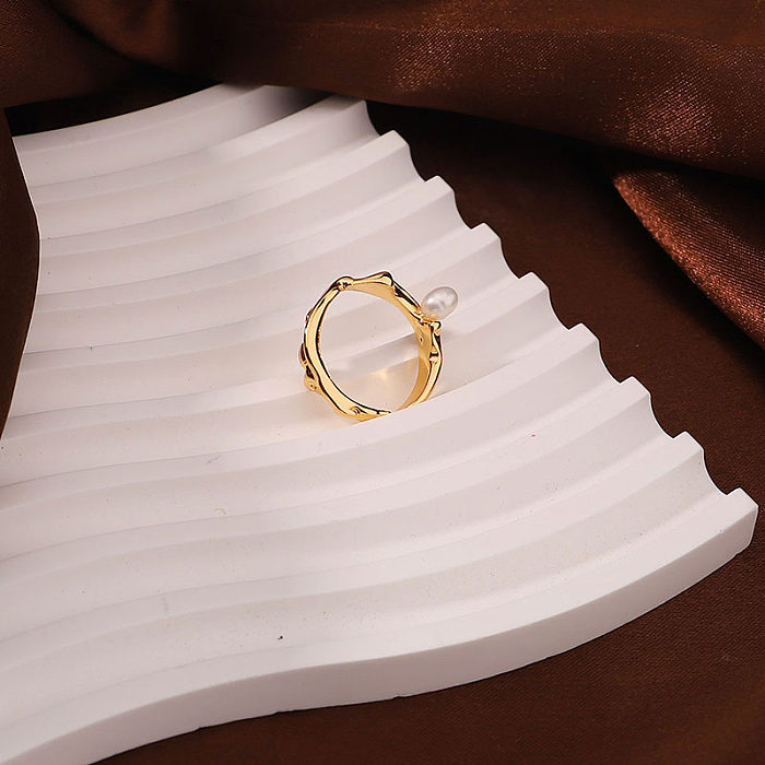 Retro Simple Style Irregular Copper Plating Inlay Artificial Pearls 18K Gold Plated Open Rings