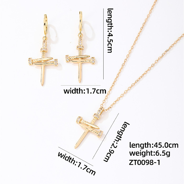 Casual Rock Cross Copper Plating Inlay Zircon Gold Plated Earrings Necklace