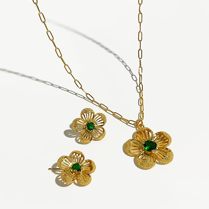 Elegant Flower Copper Plating Inlay Zircon Earrings Necklace