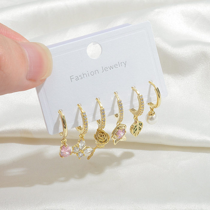 Sweet Leaf Flower Butterfly Copper Drop Earrings Inlay Pearl Zircon Copper Earrings 3 Pairs