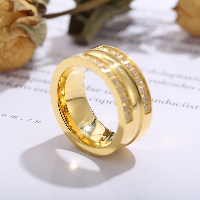 أزياء الإناث الذهب صف مزدوج كامل خاتم الماس التيتانيوم الصلب زوجين الدائري