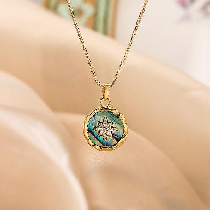 Vintage Style Simple Style Commute Star Bee Copper Plating Inlay Shell Zircon 18K Gold Plated Pendant Necklace