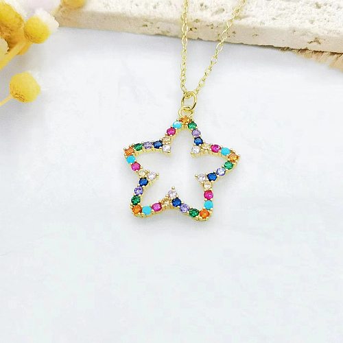 Modern Style Star Flower Copper Plating Inlay Zircon 18K Gold Plated Pendant Necklace
