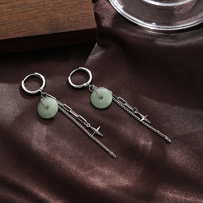 1 Paar einfache Retro-Ohrringe mit rundem Stern, Jade-Beschichtung, Kette, Kupfer, versilbert