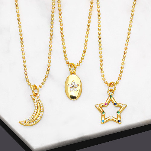 Fashion Pentagram Moon Copper Gold Plated Zircon Pendant Necklace 1 Piece