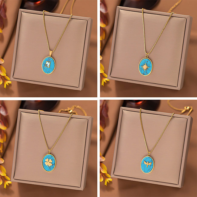 Simple Style Commute Four Leaf Clover Angel Oval Titanium Steel Plating Inlay Turquoise Zircon Earrings Necklace