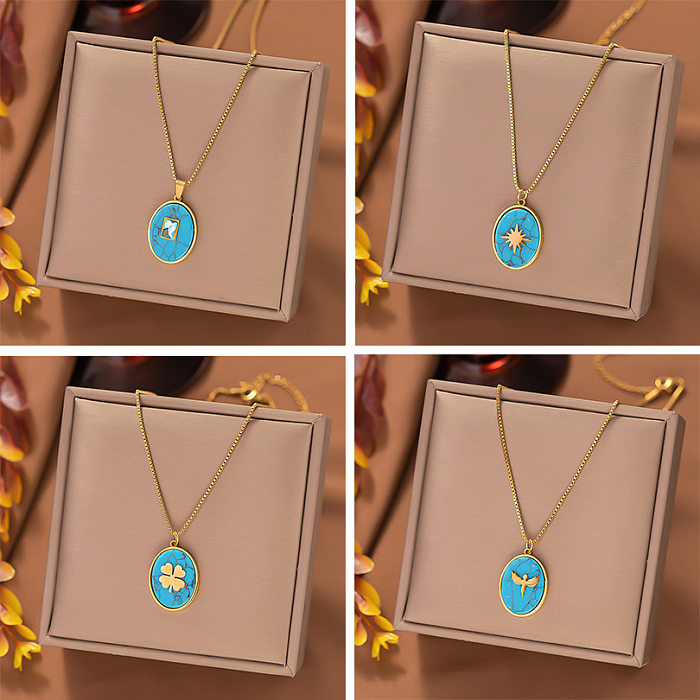 Simple Style Commute Four Leaf Clover Angel Oval Titanium Steel Plating Inlay Turquoise Zircon Earrings Necklace