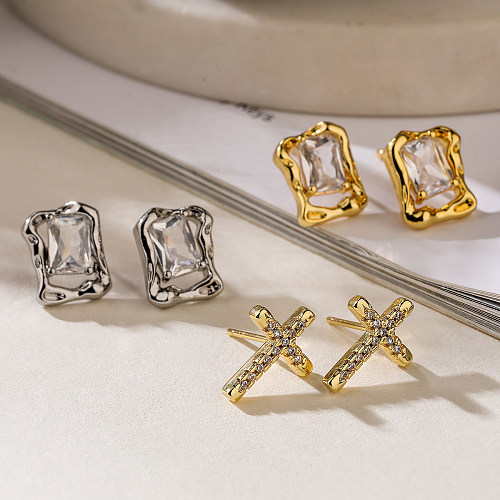 1 Pair Simple Style Cross Plating Inlay Copper Zircon 18K Gold Plated Ear Studs