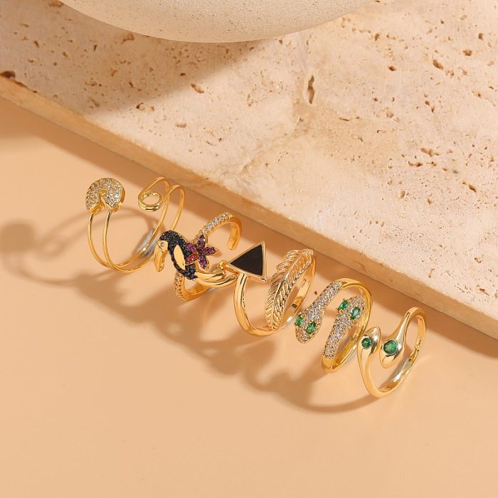 IG Style Casual Arrow Snake Bird Copper Enamel Plating Inlay Zircon 14K Gold Plated Open Rings