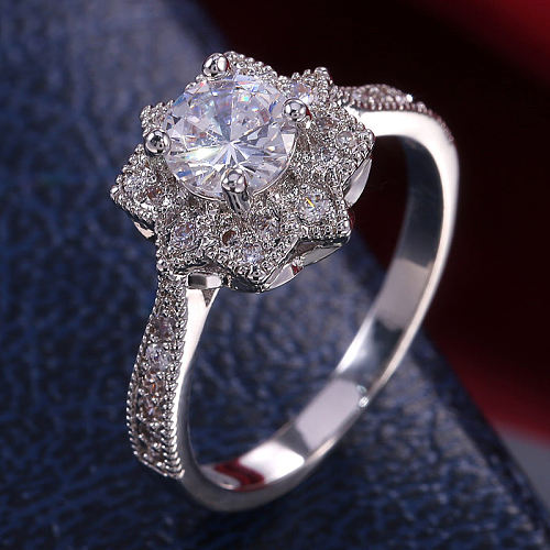 Fashion Flower Three-dimensional Transparent Zircon Copper Ring Wholesale