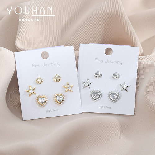 3 Pairs Fashion Round Star Heart Shape Copper Inlaid Zircon Artificial Pearls Ear Studs