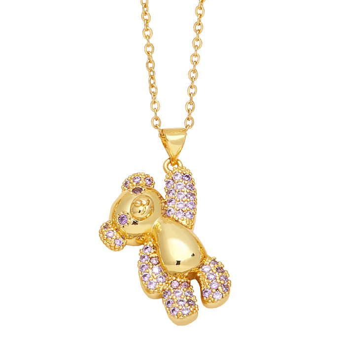 Cute Sweet Simple Style Little Bear Copper Plating Inlay Zircon 18K Gold Plated Necklace