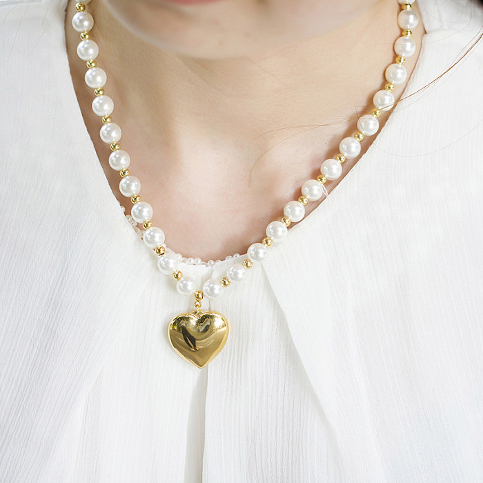 Elegante formato de coração em aço inoxidável pérola artificial pulseiras brincos colar