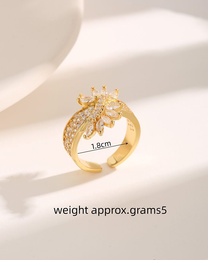 Glam Vintage Style Luxurious Petal Copper Plating Inlay Zircon 18K Gold Plated Open Rings