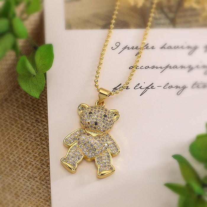 Simple Style Commute Animal Bear Copper 18K Gold Plated Zircon Pendant Necklace In Bulk