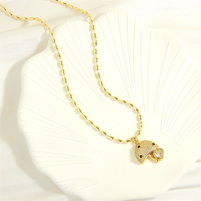 Colar com pingente de zircão banhado a ouro 18K, estilo simples, forma de coração, cogumelo, cobre, a granel