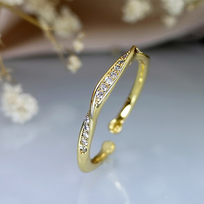Simple Style Shiny Irregular Solid Color Copper Plating Inlay Zircon Gold Plated Open Ring