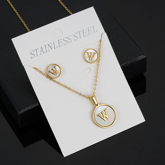 Simple Style Round Letter Stainless Steel Gold Plated Shell Earrings Necklace 3 Piece Set