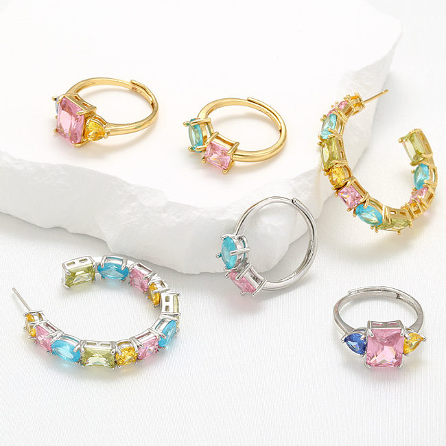 Mode géométrique cuivre placage Zircon femmes anneaux boucles d'oreilles collier