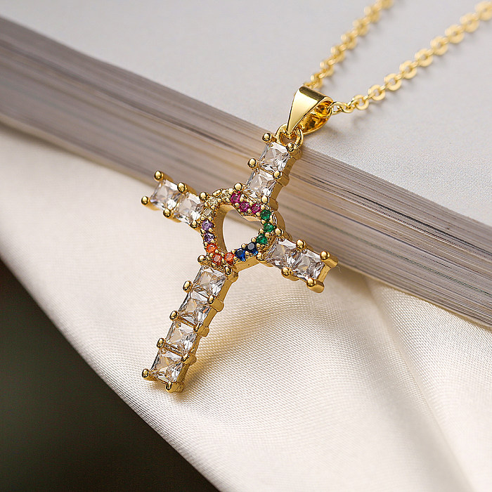 INS Style Cross Heart Shape Copper Plating Inlay Zircon 18K Gold Plated Pendant Necklace