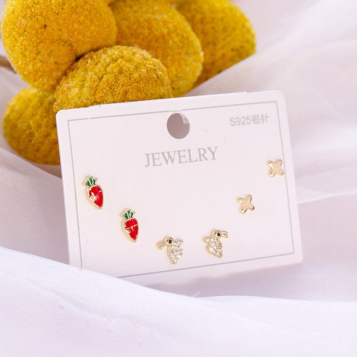 Fashion Flower Copper Inlay Artificial Gemstones Ear Studs 3 Pairs
