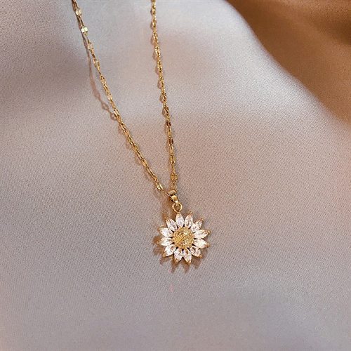 Retro süße Sonnenblume Titan Stahl Kupferbeschichtung Inlay Zirkon Anhänger Halskette