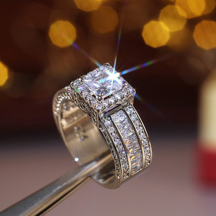 Fashion New Flash Diamond Square Women's Engagement Copper Ring Wholesale