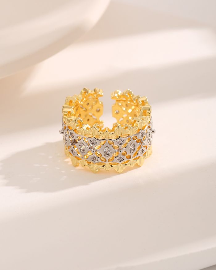 Luxuoso estilo francês estilo moderno chapeamento de cobre de lótus oco incrustação de zircão anéis banhados a ouro 18K