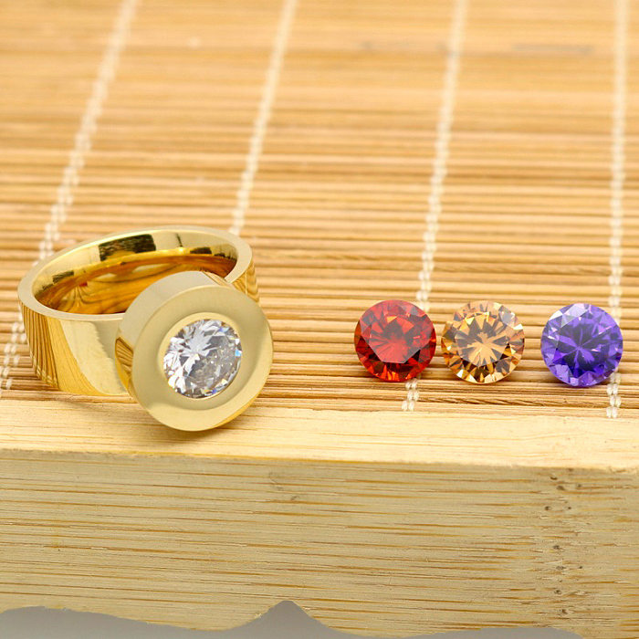 1 Piece Fashion Round Titanium Steel Plating Inlay Zircon Rings
