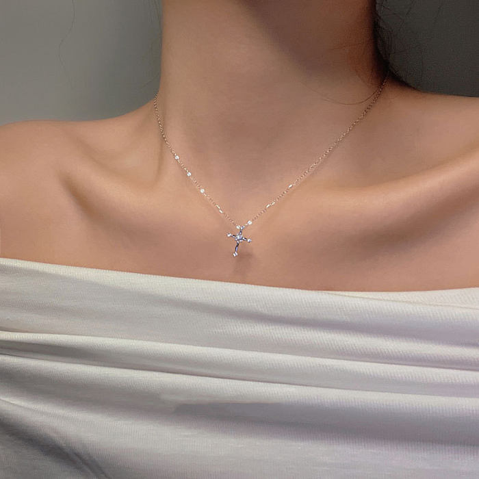 Simple Style Cross Titanium Steel Copper Inlay Zircon Pendant Necklace