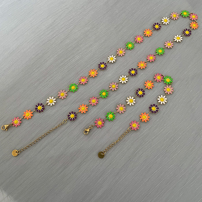 1 conjunto de pulseiras femininas esmaltadas de aço inoxidável com flor doce e colar