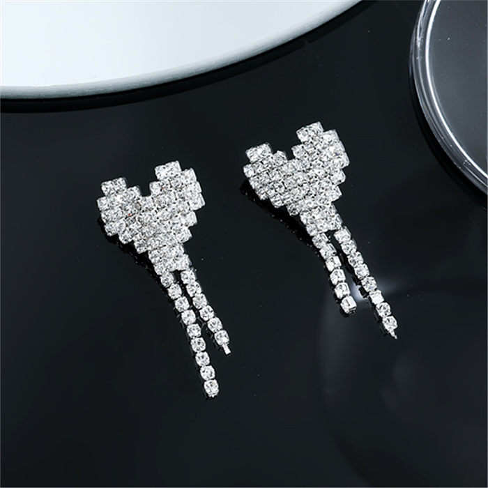 1 Pair Shiny Tassel Heart Shape Copper Plating Inlay Rhinestones Silver Plated Drop Earrings