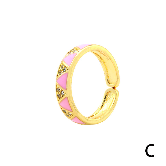 Sweet Simple Style Triangle Copper Enamel Plating Inlay Zircon 18K Gold Plated Open Rings