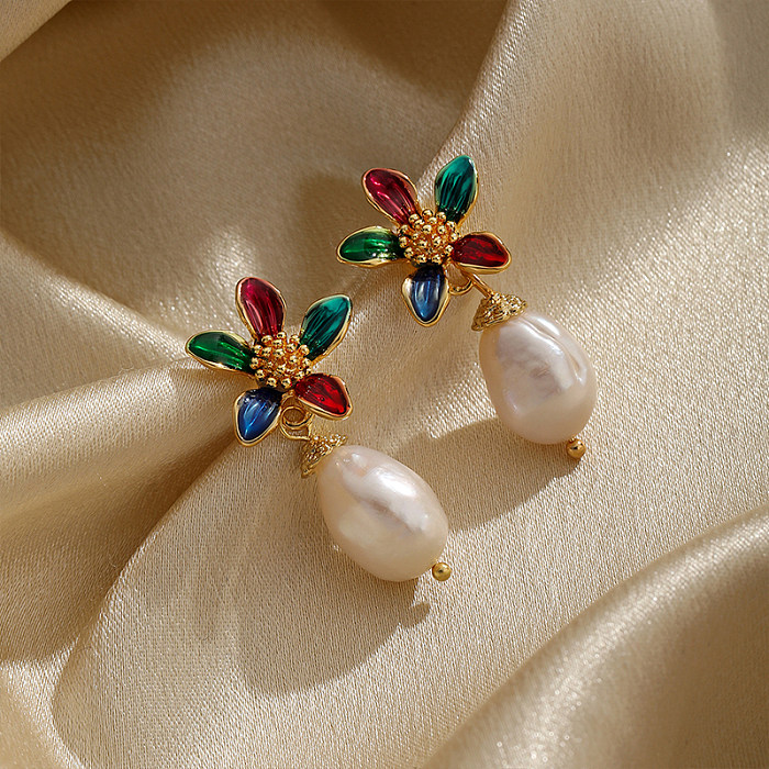 1 Pair Ethnic Style Flower Plating Inlay Copper Pearl 18K Gold Plated Drop Earrings