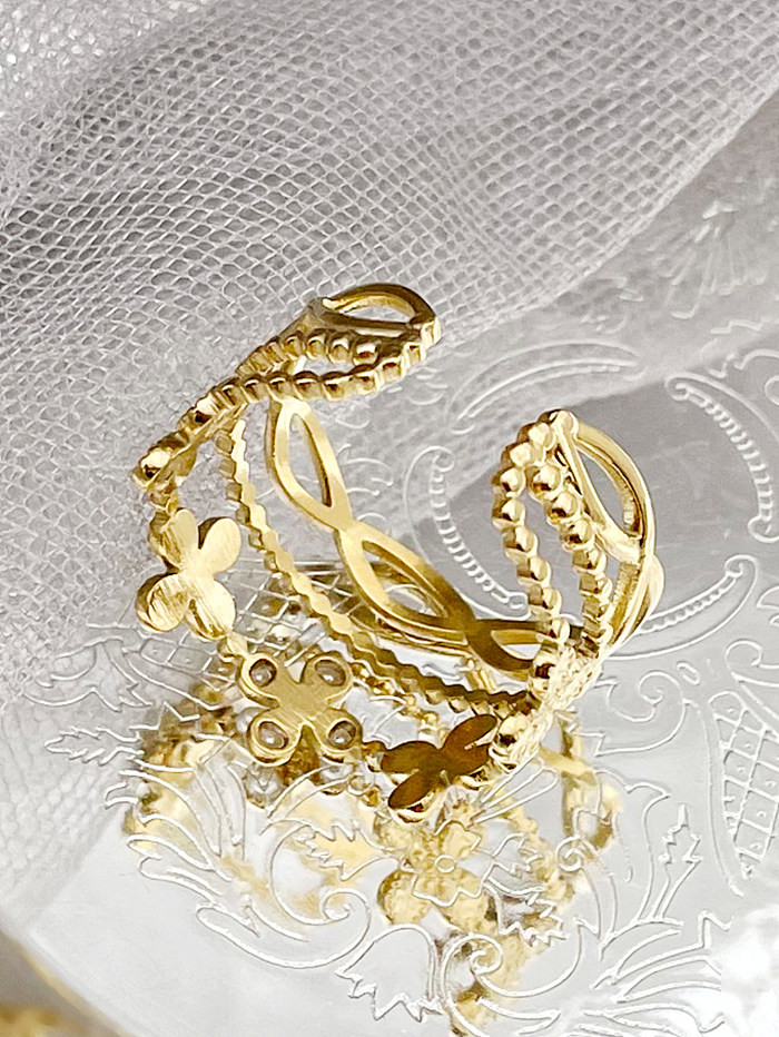 Glam Flower Bague ouverte en acier inoxydable plaqué or avec perles en vrac