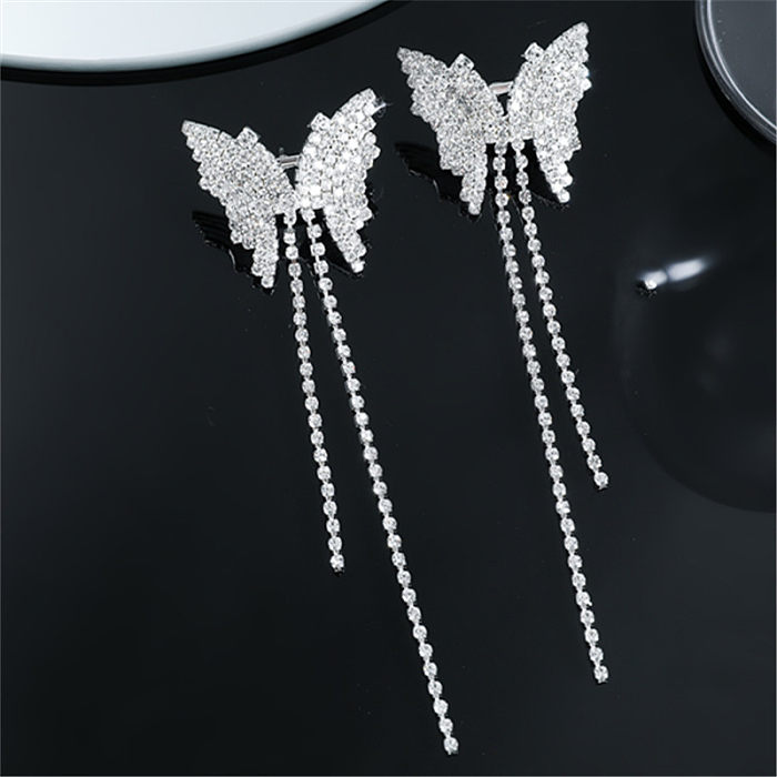 1 Pair Shiny Butterfly Plating Inlay Copper Rhinestones Silver Plated Drop Earrings