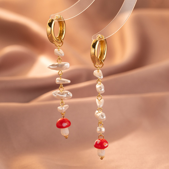 1 paire de boucles d'oreilles élégantes et douces, Streetwear plaqué champignon, Imitation de perles en cuivre