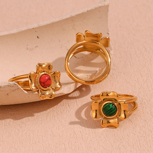 Básico estilo vintage estilo clássico flor chapeamento de aço inoxidável incrustação turquesa anéis banhados a ouro 18K