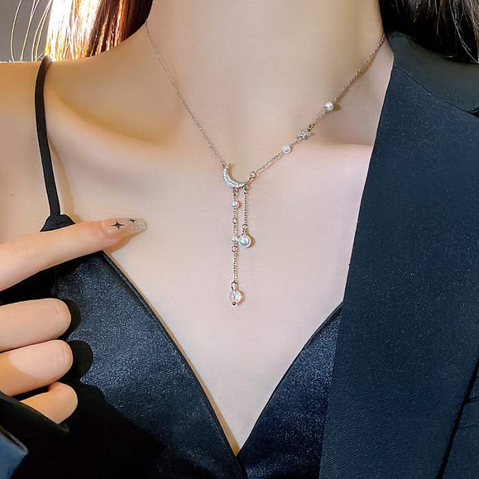 Simple Style Moon Copper Silver Plated Zircon Necklace In Bulk