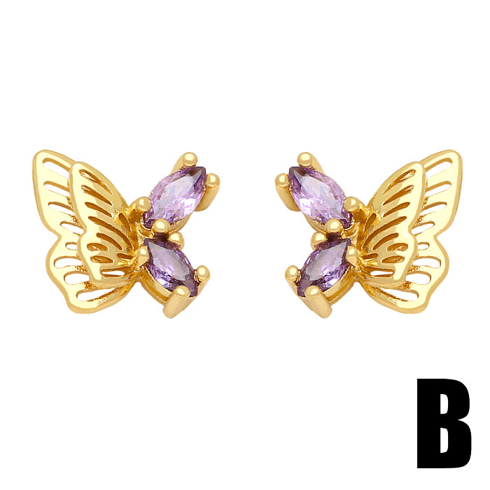 1 paire de clous d'oreilles en forme de cœur, mignon, papillon, placage en cuivre, incrustation de Zircon plaqué or 18 carats